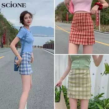 SCIONE Женская юбка Эластичная безопасность Брюки Решетка Короткая юбка Сплит Высокая талия Была тонкая юбка A-Line S синий