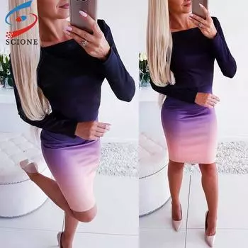 SCIONE Женская зимняя мода Платье Сексуальный Принт Принт Талия Сумка Бедро с длинным рукавом Платье Сращивание Макси Платье S