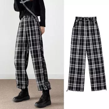 Широкие брюки в клетку S чёрный