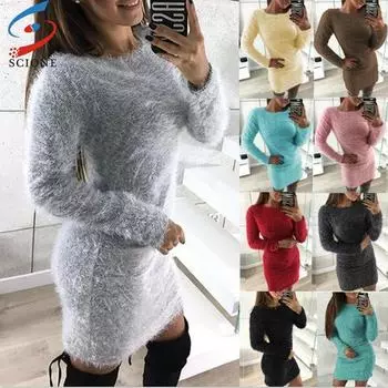 SCIONE женский плюшевый повседневный свитер с круглым вырезом, свободный рукав, плюшевое платье с длинным рукавом и круглым вырезом S белый