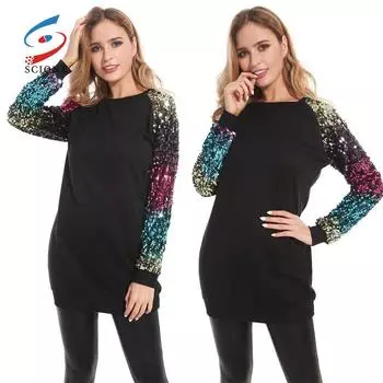 SCIONE женский половер 2019 осенний теплый свитер с пайетками женское платье с длинными рукавами S чёрный