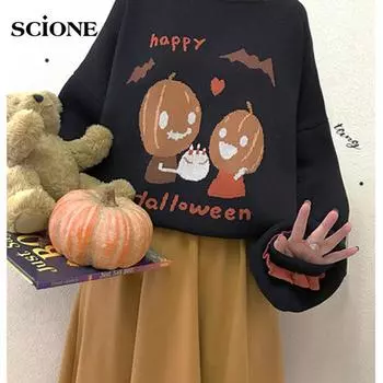 Scione женский свитер с тыквой на Хэллоуин, милый кружевной свободный вязаный пуловер с рукавами-фонариками и мультяшным рисунком One Size чёрный