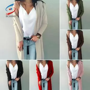 SCIONE женское вязаное пальто с длинными рукавами и карманами, тонкий повседневный свитер, однотонный кардиган, осень M белый