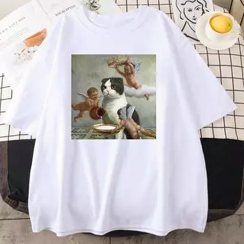 Scottish Fold Angel Crown Print Женская одежда унисекс Индивидуальные повседневные футболки с круглым вырезом All-math Loose Мужские хлопковые футболки с коротким рукавом 4XL чёрный