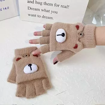 Screen Windproof Bear Women Flip Gloves Winter Plush Gloves Half Finger Flip Gloves Korean Mittens розовый