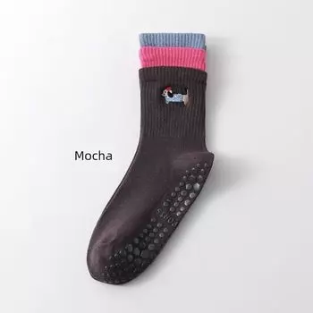 Screw Type Micro Pressure Embroider Yoga Socks Female Silicone Non Slip Shock Relief Decompression Breathable Pure Cotton Sport Mid-Calf Length Sock 1 Pair [Mocha] free size 36-42