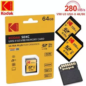 SD-карта Kodak V90 128 ГБ UHS II 8K Ultra HD карта памяти U3 SDXC TF карты высокоскоростная микро SD до 280 МБ/с для камеры DSLR MILC 64GB