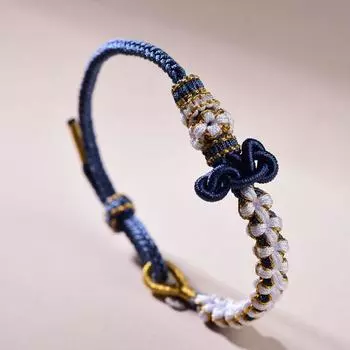 Сдать каждый экзамен Узел Вэньчана Ремешок для ношения Носить золотые бусины на удачу Маленькая красная веревочка Плетеный вручную браслет с кои Класс Групповая покупка Haze Blue-peach blossoms 14-18cm/3mm