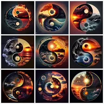 Сделай сам Алмазная картина Тайцзи Пейзаж Полный квадрат Круглая вышивка Мозаика Закат Море Ручной работы Домашний декор Full Round 20x20CM