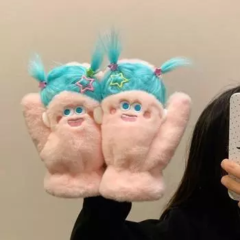 Сделай сам конский хвост мультфильм плюшевые перчатки утолщенные варежки с полным пальцем подарок пушистые перчатки студент синий