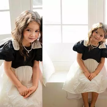 Сделано в Корее, винтажное элегантное вечернее платье для девочек – черно-белое платье в стиле смокинга с рукавами-фонариками S