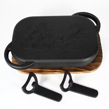 Сделано в Японии. Деревянная подставка Nanbu Tekki и 2 сковороды для гриля IH Stove Grill Oven, совместимая с духовкой, сковорода для гриля Bake Pan (с ручками) Совместимый/Газовый