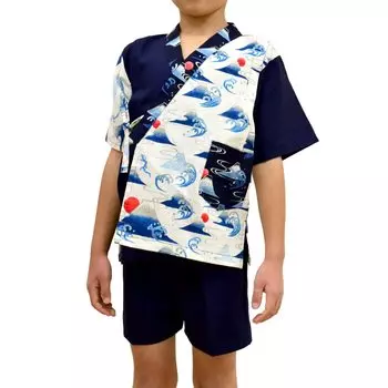 Сделано в Японии Jinbei Fuji x Wave 90 120 Моющийся Прохладный Летний Фестиваль Фейерверков Высокое Качество Люкс ОСТАВАЙСЯ ДОМА Кимоно лет [Ai Indigo] Детский /100 тёмно-синий