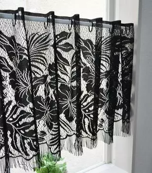 Сделано в Японии Кружево с бахромой с ботаническим узором Кафе-занавеска широкая x 47см [Роберио] (длиной 150 см) (черный) чёрный