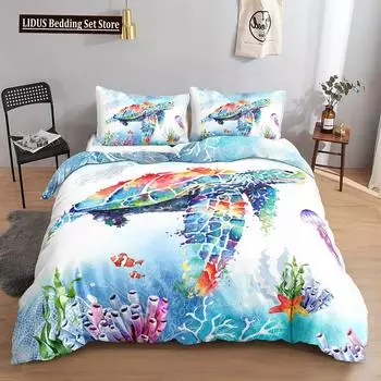 Sea Animals Duvet Cover Set Turtle Print Bedding Sets Queen Size 3D Gorgeous Luxury Comforter Cover Set Marine Life Quilt Cover 70x133cm 2pcs