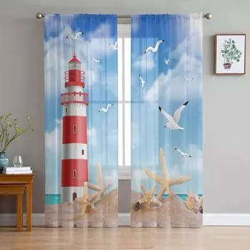 Sea Beach Lighthouse Starfish Seagull Sheer Curtains for Living Room Decoration Window Curtains Kitchen Tulle Voile Curtains W135 x H115cm x1