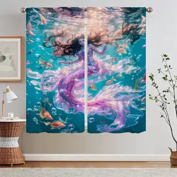 Sea Mermaid Kitchen Curtains 2 Pieces Window Curtains Home Modern Home Decoration Tentacles Blackout Tulle for Living Room Curls W50xH70cmx2pcs-CL