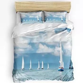 Sea Sailing Boat Blue Sky White Clouds 3pcs Bedding Set For Bedroom Double Bed Home Textile Duvet Cover Quilt Cover Pillowcase EU single(135x200cm)