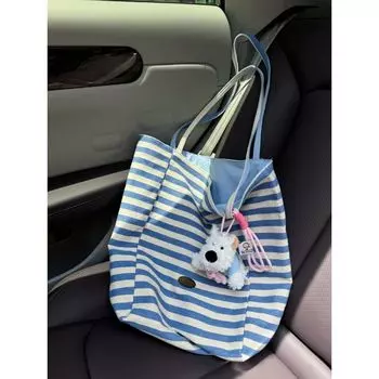 Sea Salt Blue Summer ~ Stripes Ins Double-Sided Large Capacity Bag Tote Bag Korean Style All-Match Commute Canvas Bag Blue(No pendant)