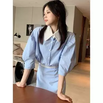 Sea Salt Cheese Gentle Oni Contrast Color Light Blue Stripe Shirt for Women Skirt Suit Summer Sea Milk Contrast Color Stripes Shirt S