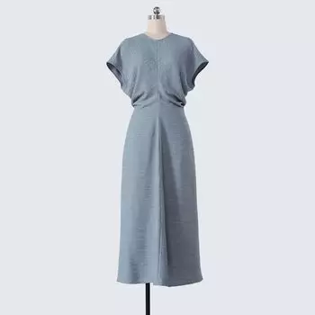 Sea Style Blue Texture Fashionable Lazy round Neck Batwing Sleeve Waist Hugging Slimming Temperament Long dress Dress Sea breeze Blue L/36