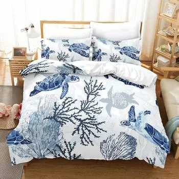Sea Turtle Bedding Ocean Duvet Cover Set Teal Mediterranean Style Marine Theme Design Ocean Bedding Sets Queen King Twin Size EU single(135x200cm)