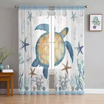 Sea Turtle Blue Starfish Shell Sheer Curtains for Living Room Decoration Window Curtains Kitchen Tulle Voile Organza Curtains W135 x H115cm x1