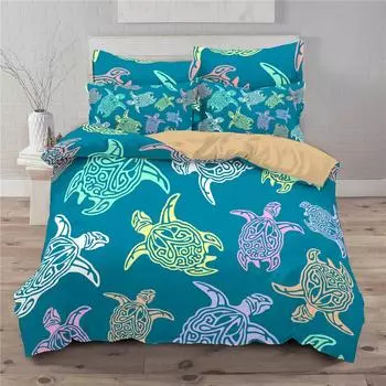 Sea Turtle Duvet Cover Queen Size Boy Beach Turtle Comforter Cover Polyester 3pcs Teal Aqua Blue Abstract Tortoise Bedding Set EU single(135x200cm)