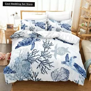 Sea Turtle Duvet Cover Set Pillow Cases Ocean Animal Turtle Bedding Set Queen King Kids Home Textiles Map Coral Soft Quilt Cover EU single(135x200cm)
