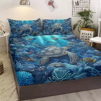 Sea Turtle Pattern 3-Piece Bedding Set With 2 Pillowcases For Living Room And Bedroom (Ocean World, Room, Decoration) 99cmx199cm