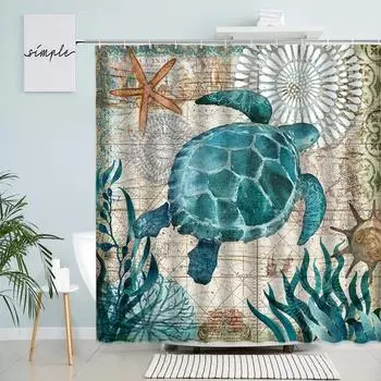 Sea Turtle Seahorse Octopus Shower Curtains Ocean Animals Tentacles Vintage Map Print Fabric Bathroom Curtain Home Decor Hooks 90x180cm-35x70in