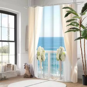 Sea view and flower Bathing Curtain Bathroom Shower Curtain Waterproof With 12 Hooks Home Deco Free Ship 180x180cm curtain