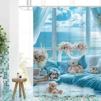 Sea View Wallpape Bathing Curtain Bathroom Shower Curtain Waterproof With 12 Hooks Home Deco Free Ship 180x180cm curtain