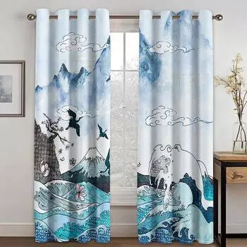 Sea Waves Flying Birds Japanese Style High Shading Curtains for Living Room Bedroom Thick Blackout Drape for The Kitchen Drapes W55 X H120cm X 2&HOOK