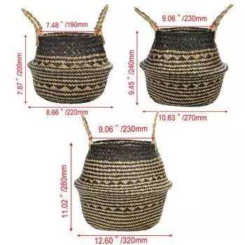 Seagrass Belly Basket with Handles Multipurpose Wicker Storage Basket Laundry Garden Decorative Storage Organizer S+M+L