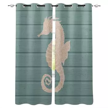 Seahorse Cyan Wooden Texture Blackout Curtains For Living Room Bedroom Printed Window Treatment Drapes Home Decor W135 x H60cm