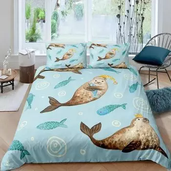 Пододеяльник Кинг-сайз с милым плавающим тюленем, Постельный комплект, Милый океанический экзотический стиль, 23 предмета, Полиэстеровый чехол для одеяла с морской жизнью 70x133cm 2pcs