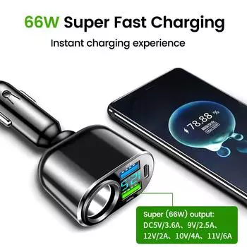 SEAMETAL 66W Car USB Charger Super Fast Charging Cigarette Lighter Adapter 3-USB Port Phone Charger for Car DC 12V/24V Universal