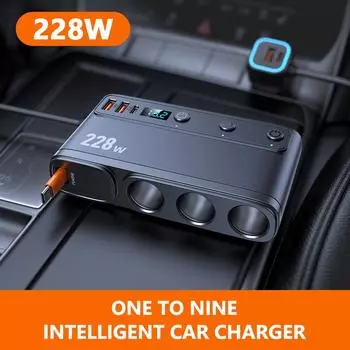 SEAMETAL 9 в 1 228 Вт USB C Автомобильный адаптер-зарядное устройство QC3.0 с PD45W Телескопический кабель Светодиодный дисплей напряжения 12 В/24 В чёрный