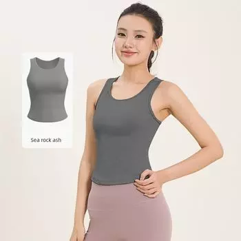 Seamless Yoga Jacket Women s Chest Pad Integrated Quick-Dry Vest Yoga Clothes Tight Fitness Vest Sports Intimates Sea rock ash S