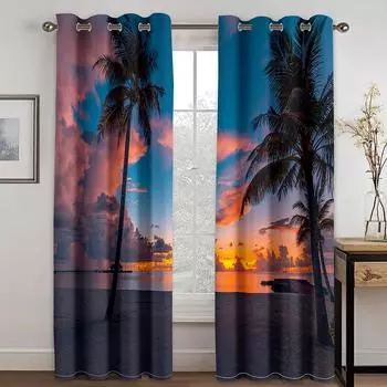 Seascape Beach Sunset Sunset Scenery Holiday Curtain, Home Bedroom Living Room Shade Curtain, a Set of Two 50W130H(CM)X2PCS&Grommet Top