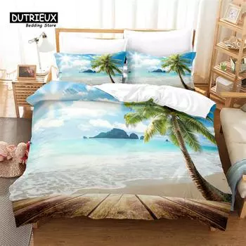 Seaside Beach Bedding Set, Coconut Tree Duvet Cover Set, Soft Comfortable Breathable Duvet Cover, For Bedroom Guest Room Decor US Queen(228x228cm)