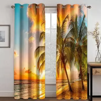 Seaside Beach Coconut Tree Sunset Landscape Curtains 2 Panel Summer Home Decor Curtains Living Room Bedroom Window Decor Curtain 50W130H(CM)X2PCS&Grommet Top