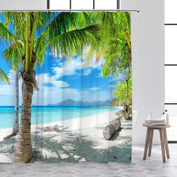 Seaside Beach Shower Curtains Blue Ocean Island Coconut Trees Tropical Hawaii Nature Landscape Bathroom Curtain Decor with Hooks 90x180cm-35x70in
