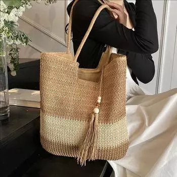 Seaside Beach Vacation Straw Bag Women S Hollow Color Matching Shoulder Bag Fringed Large-Capacity Bucket Bag хаки