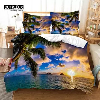 Seaside Bedding Set, 3Pcs Duvet Cover Set, Soft Comfortable Breathable Duvet Cover, For Bedroom Guest Room Decor EU single(135x200cm)
