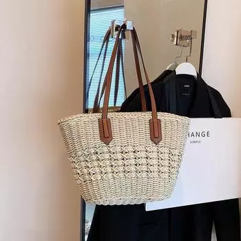 Seaside Holiday Large Capacity Tote Bag Women s 2025 New Arrival Summer Beach Straw Bag Women s Shoulder Woven Bag Beige White