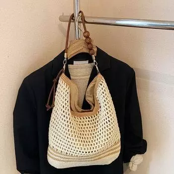 Seaside Holiday Straw Woven Bag Women s 2025 Summer New Arrival Work Clothing Shoulder Messenger Bag Weaving Hollow Tote Bag Khakis small size