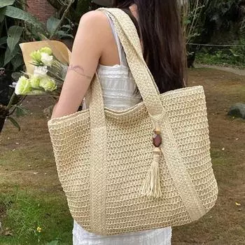 Seaside Holiday Wind Large Capacity Straw Braided Summer Braided Bag Fashion Casual All-in-one Shoulder Tote Bag бежевый