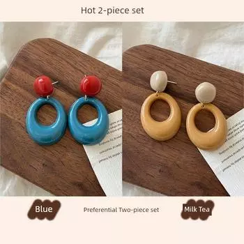 Seaside Hong Kong Style Blue Earrings Female Dopamine Vacation Style Earrings Niche Design Retro Large Size Ear Clip Earrings Two-piece set